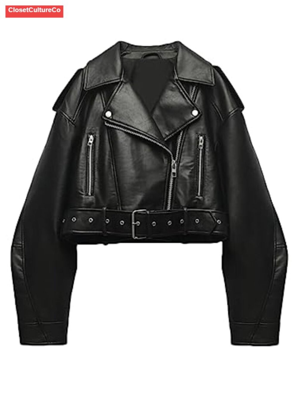 Faux Leather Cropped Moto Biker Jacket Belted Zip Short Coat